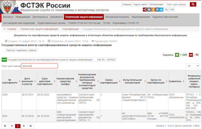 Запись о сертификате ФСТЭК России для платформы «Дневник.ру»