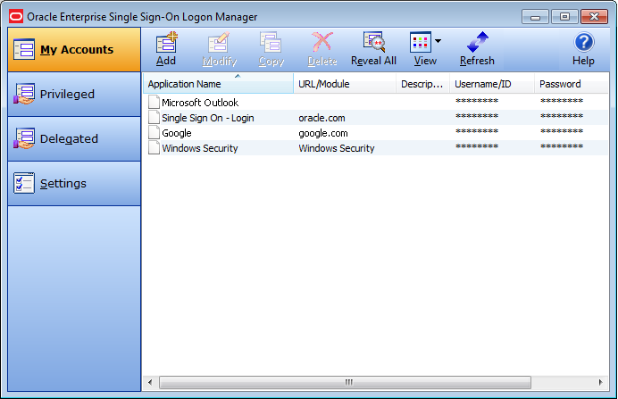Интерфейс Oracle Enterprise Single Sign-On Logon Manager