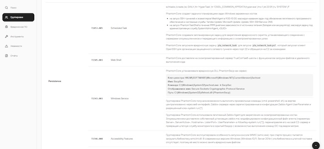Фрагмент информации из вкладки «MITRE» для PhantomCore