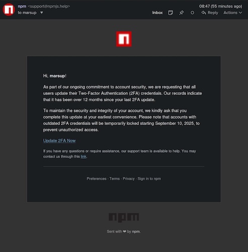 Фишинговое письмо с поддельного домена npmjs.help