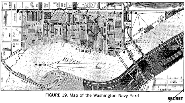 Маршрут полёта голубя в районе верфи и штаба ВМС США в Вашингтоне (округ Колумбия)