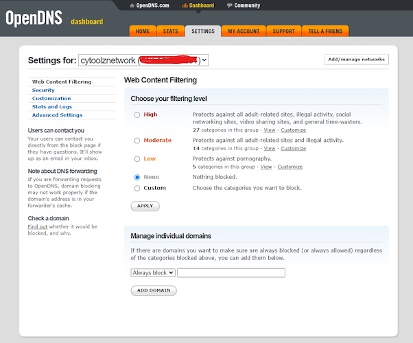 Настройка веб-фильтра в OpenDNS