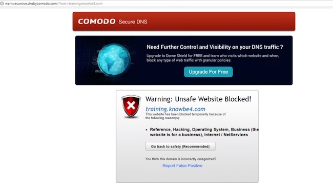 Comodo Secure DNS блокирует опасный ресурс