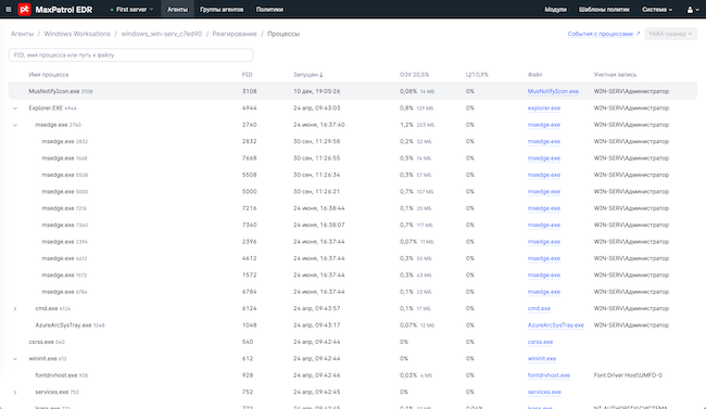 Процессы в MaxPatrol EDR 8.1