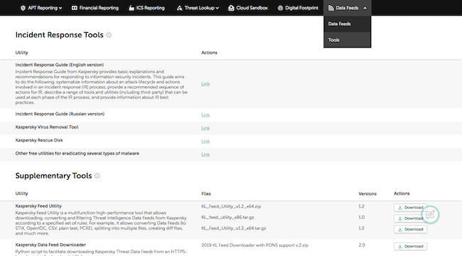 Документы и инструменты на странице «Tools» в Kaspersky Threat Intelligence Portal