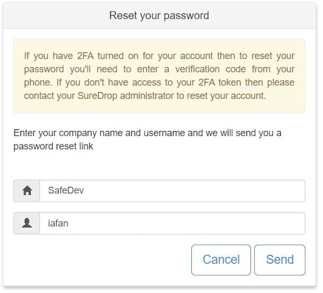 Восстановление пароля пользователя SureDrop