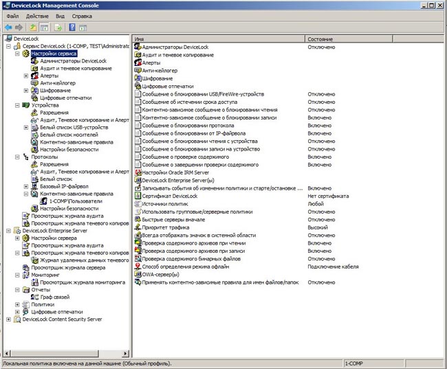 Настройки сервиса в консоли DeviceLock Management Console
