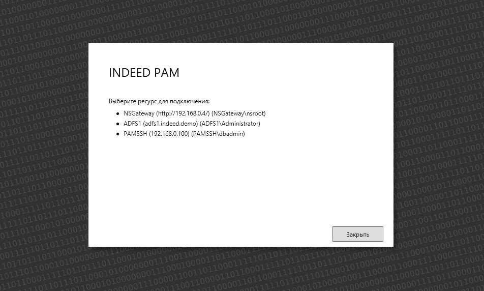 Выбор ресурса для подключения на шлюзе доступа Indeed PAM