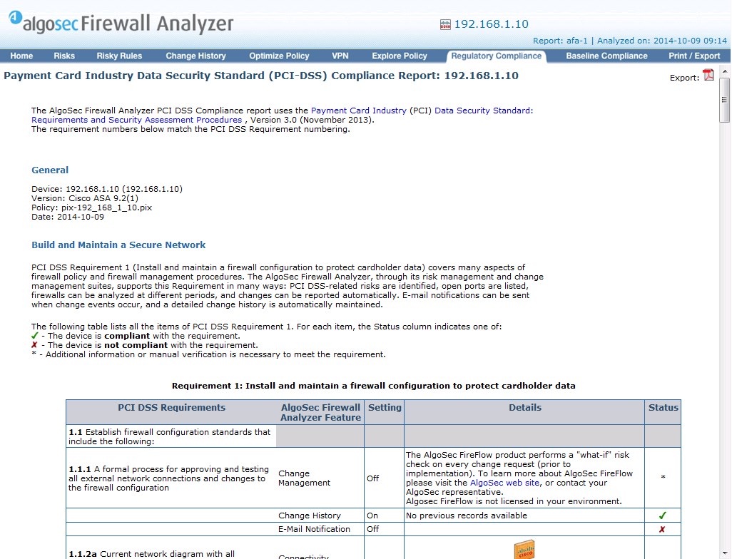 Подробная информация по соответствию настроек стандарту PCI-DSS в AlgoSec Firewall Analyzer