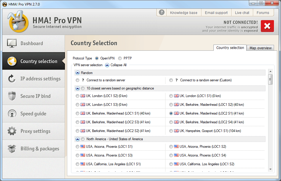 Внешний вид приложения HideMyAss VPN для Windows