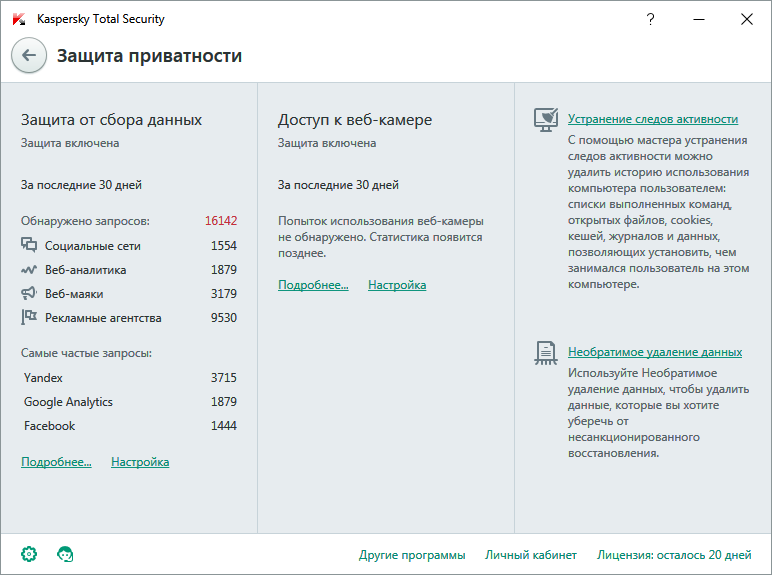 Информация о приватности в Kaspersky Total Security
