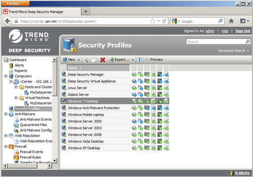 Список предустановленных профилей защиты Trend Micro Deep Security 8.0