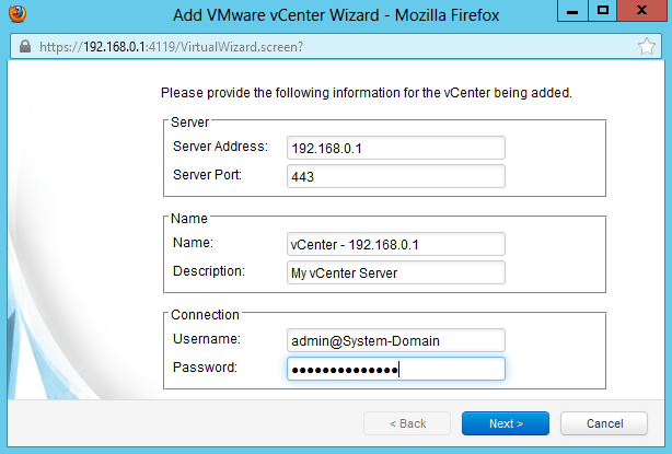 Указание сведений о подключаемом VMware vCenter Server