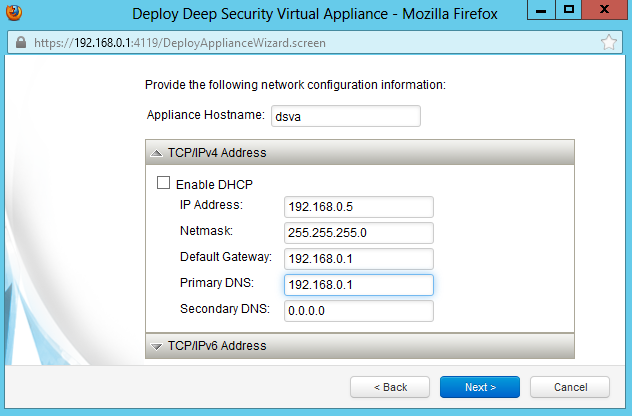 Сетевые параметры Deep Security Virtual Appliance