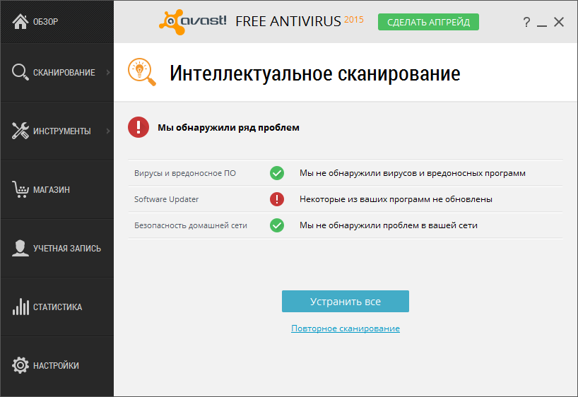 Результат работы «интеллектуального сканирования» в Avast! Free Antivirus 2015