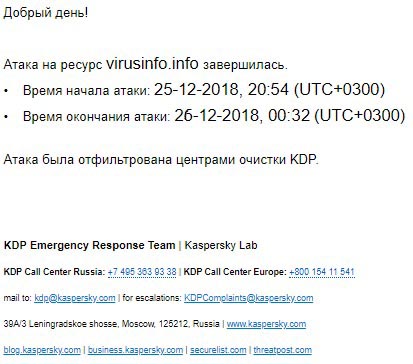 Оповещение об окончании атаки и предоставлении отчета от Kaspersky DDoS Prevention