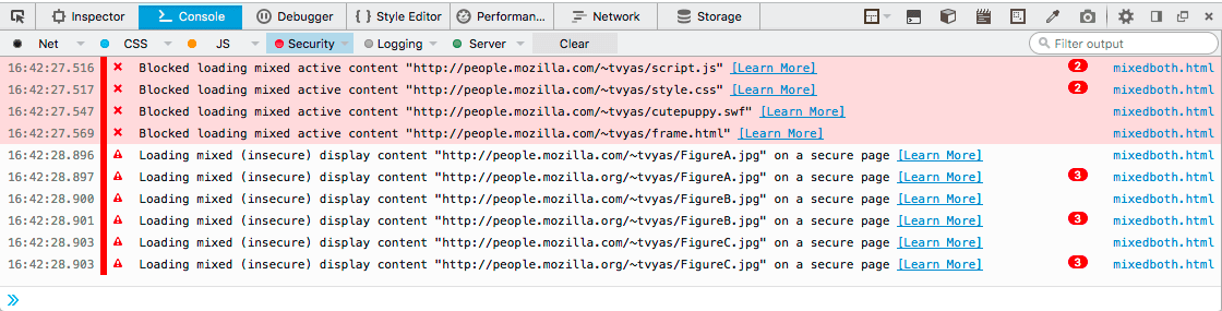 Пример предупреждения о блокировке смешанного содержимого в консоли разработчика Mozilla Firefox