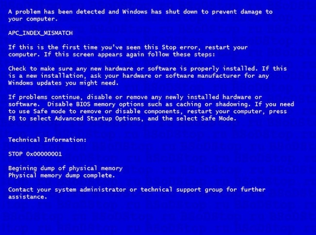Аварийная остановка системы при возникновении ошибки 0×00000001