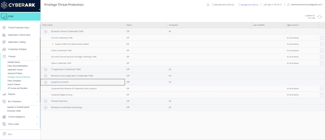 Подраздел «Privilege Threat Protection» в CyberArk Endpoint Privilege Manager