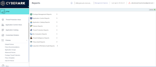Раздел «Reports» в CyberArk Endpoint Privilege Manager