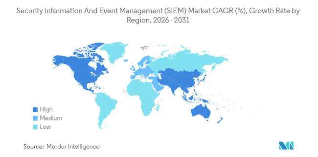 Рост рынка SIEM по регионам (источник: mordorintelligence.com) Рост рынка SIEM по регионам (источник: mordorintelligence.com)