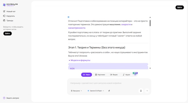 Подготовка к собеседованию при помощи нейросети «Молекула» Подготовка к собеседованию при помощи нейросети «Молекула»