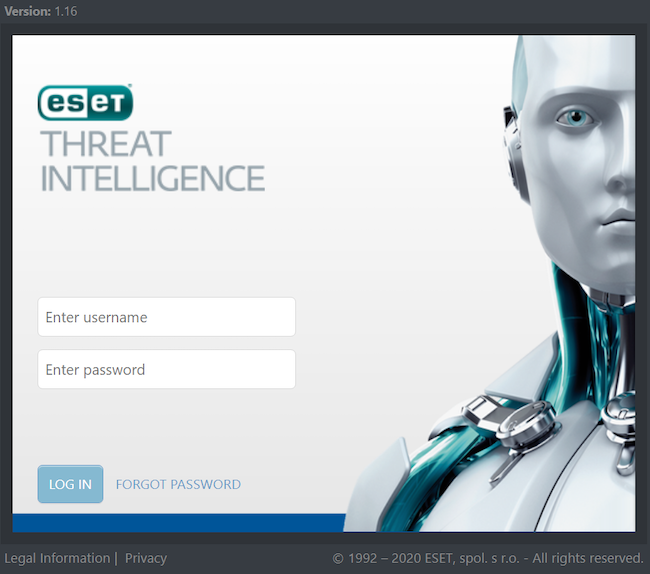 Окно ввода учётных данных в сервисе ESET Threat Intelligence