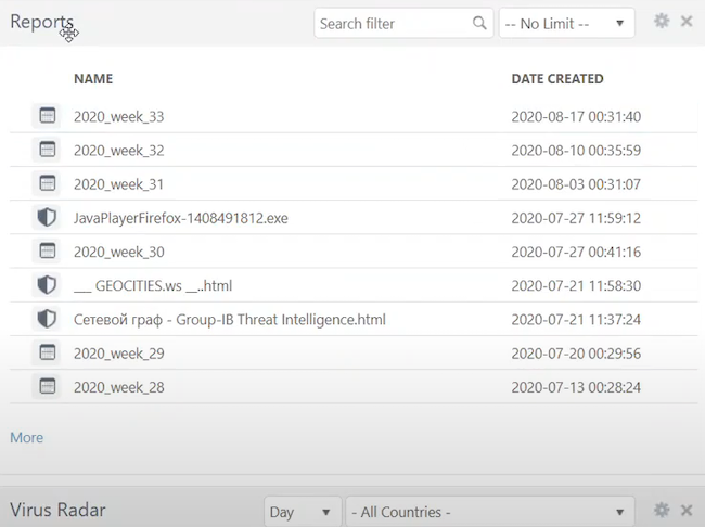Окно быстрых ссылок на отчёты в сервисе ESET Threat Intelligence