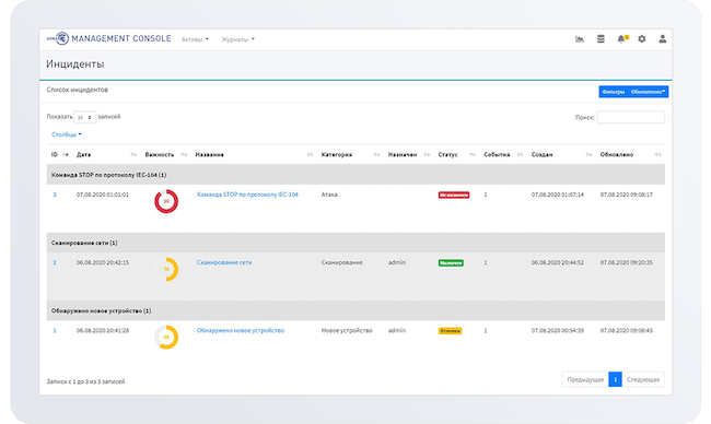 Сводка по текущим инцидентам в InfoWatch ARMA Management Console