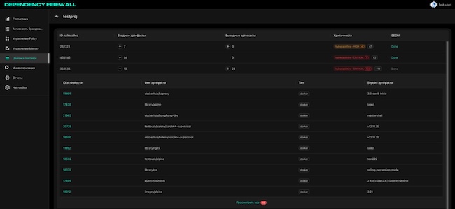 Интерфейс CICADA8 Dependency Firewall