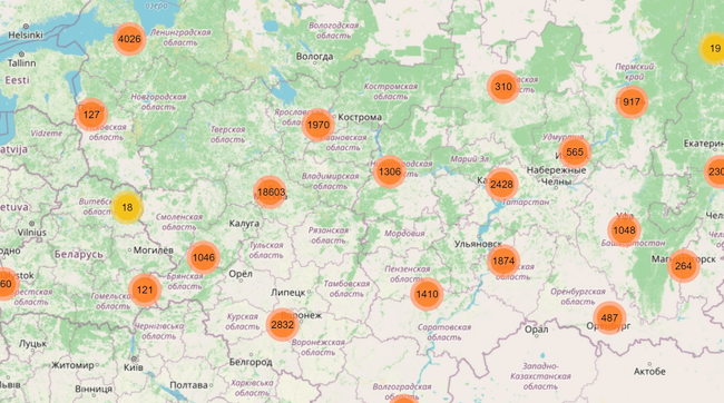 Визуализированная карта 58 000 адресов из украденной выдачи. Источник: «Тинькофф Журнал»