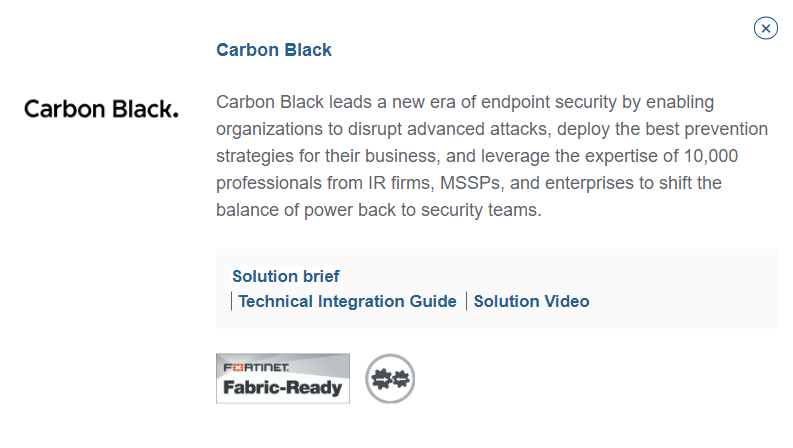 Карточка компании Carbon Black в реестре партнеров Fortinet
