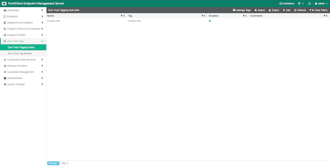 Интерфейс администратора FortiClient EMS, раздел «Zero Trust Tags», вкладка «Zero Trust Tagging Rules». Список настроенных меток