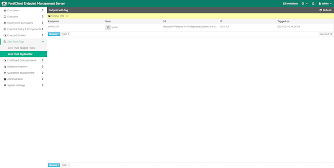Интерфейс администратора FortiClient EMS, раздел «Zero Trust Tags», вкладка «Zero Trust Tagging Monitor». Перечень тегированных узлов