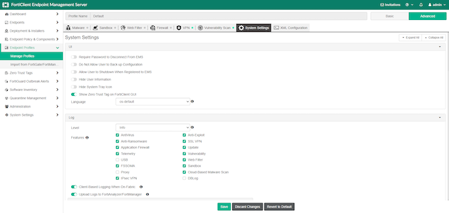 Интерфейс администратора FortiClient EMS, раздел «Endpoint Profiles», вкладка «Manage Profiles». Включение функции отображения тегов в FortiClient на устройствах