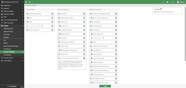 Интерфейс администратора FortiGate, раздел «System», вкладка «Feature Visibility». Включение функции ZTNA