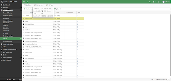 Интерфейс администратора FortiGate, раздел «Policy & Objects», вкладка «ZTNA». Новая метка добавлена в перечень тегов ZTNA