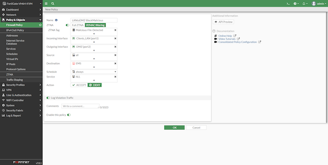 Интерфейс администратора FortiGate, раздел «Policy & Objects», вкладка «Firewall Policy». Создание нового правила в режиме фильтрации ZTNA IP / MAC для блокировки доступа
