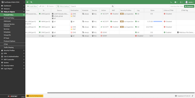 Интерфейс администратора FortiGate, раздел «Policy & Objects», вкладка «Firewall Policy». Новое ZTNA-правило