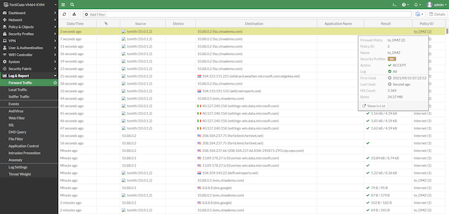 Интерфейс администратора FortiGate, раздел «Log & Report», вкладка «Forward Traffic». Доступ устройства к веб-серверу разрешён