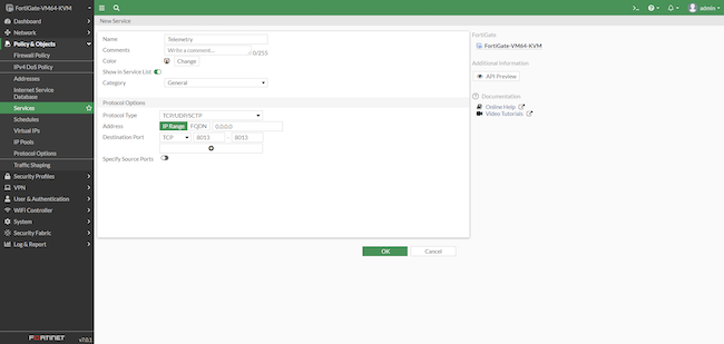 Интерфейс администратора FortiGate, раздел «Policy & Objects», вкладка «Services». Создание нового сервиса «Telemetry» для удалённого подключения к FortiClient EMS