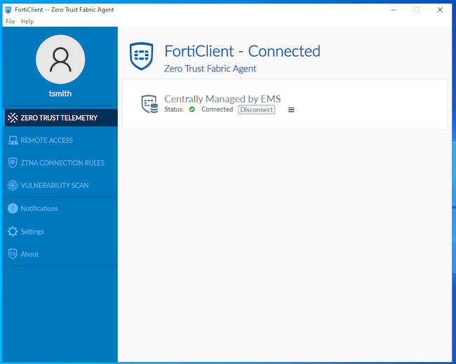 Главное окно FortiClient. Устройство подключено к FortiClient EMS