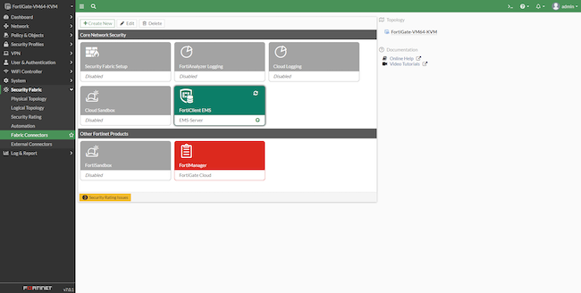 Интерфейс администратора FortiGate, раздел «Security Fabric», вкладка «Fabric Connectors». Связь с FortiClient EMS установлена