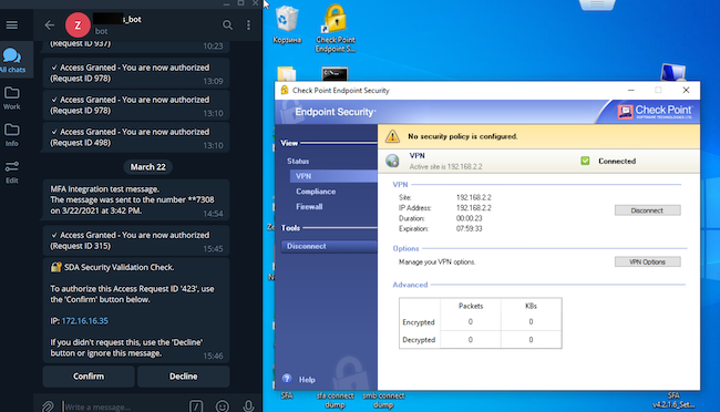 Многофакторная аутентификация при подключении по VPN. VPN-соединение установлено, но без подтверждения в телеграм-боте обмен информацией не производится