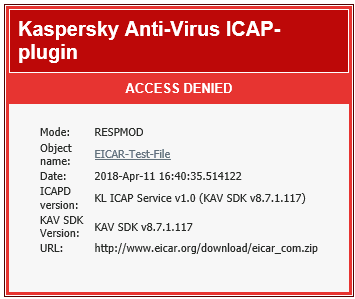 Обнаружение потенциально опасного содержимого модулем Kaspersky в Traffic Inspector Next Generation
