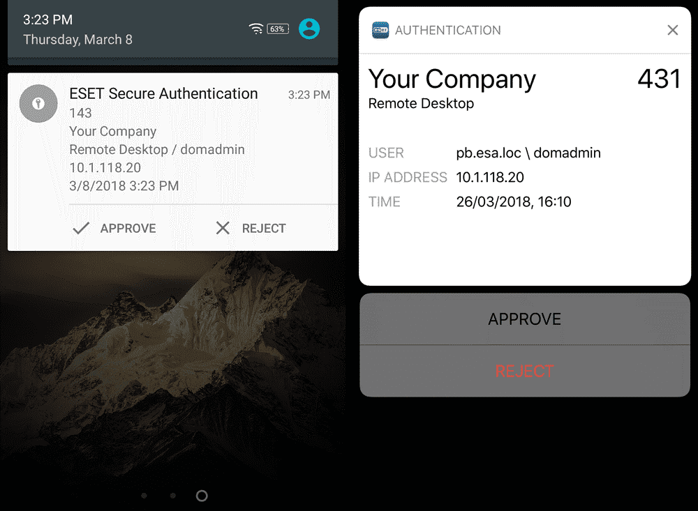 Пример пуш‑сообщения, используемого для аутентификации пользователя на мобильном устройстве под управлением Android (слева) и iOS (справа)