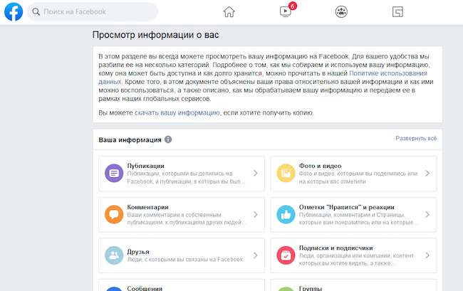 Информация о пользователе, накопленная Facebook