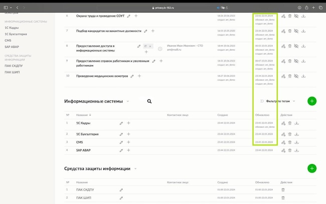 Краткая информация о процессах в колонке «Обновлено»