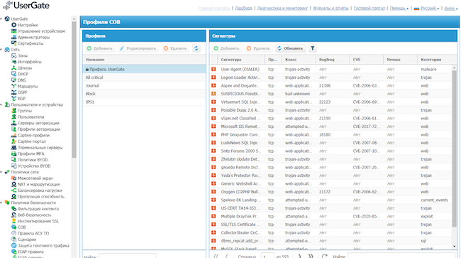 Профили системы обнаружения вторжений в UserGate