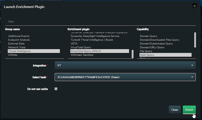 Пример поиска хеша на VirusTotal в ArcSight 2021.1